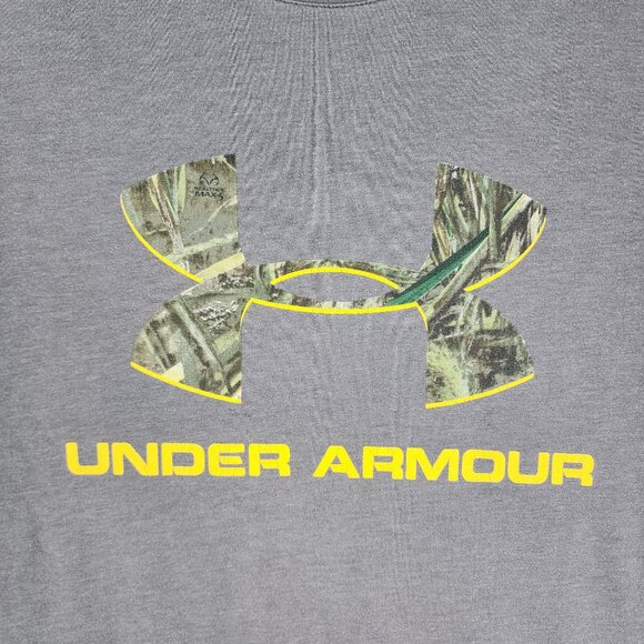 Mens Gray Under Armour HeatGear Loose Fit T Shirt Camouflage Logo Short Sleeve L - Picture 3 of 11